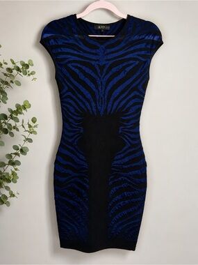RVN‎ Medium Black Blue Zebra Jacquard Bodycon Bandage Knit Dress